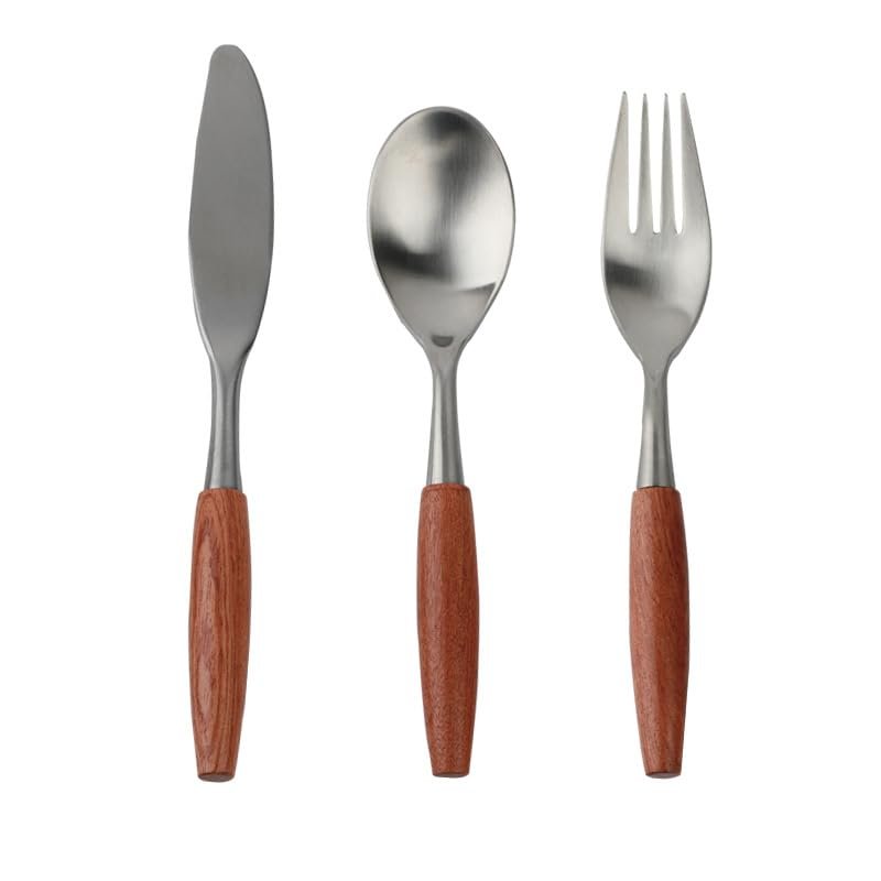ONUIFIKE Silverware Set, 3/12/18/24 Pieces Wood Handle Knife, Fork And Spoon 304 Stainless Steel Tableware Retro Knife, Fork And Spoon Set Steak Knife And Fork, Cutlery Flatware Set (Color : Silver
