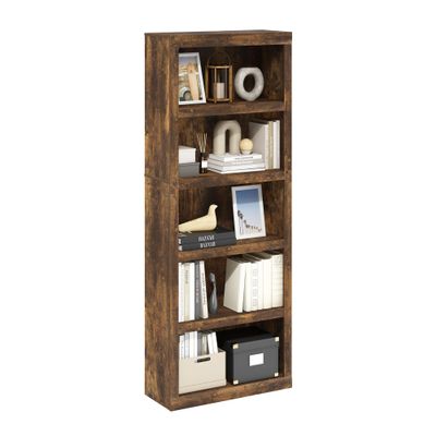 Furinno Rail Book Shelf, 5-Tier Bookshelf with Open Shelf, Bookcase with Classic Style Edges, 10 x 24.6 x 63.5, for Organization and Storage, for Living Room, Bedroom, Home Office, Amber Pine