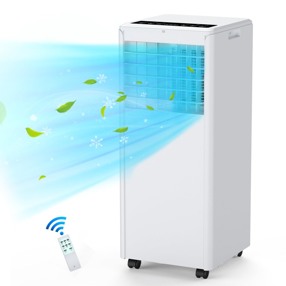 Portable Air Conditioner 8,000 BTU for Rooms up to 350 sq. ft. w/Remote Control, 3-in-1 Air Conditioner w/Dehumidifier, 2 Fan Speeds, 24-Hour Timer, Casters