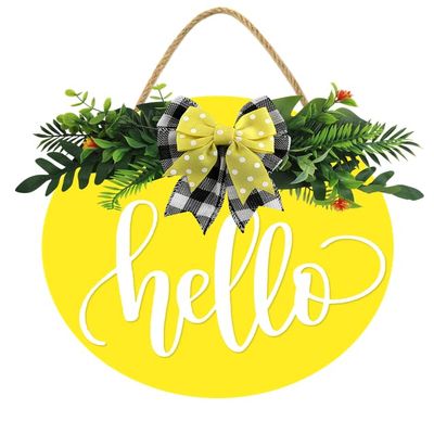 Welcome Sign Hello Front Door Round Wood Sign Hanging Welcome Sign for Farmhouse porch Spring Welcome Sign Front Door Decoration (Yellow board Hello)