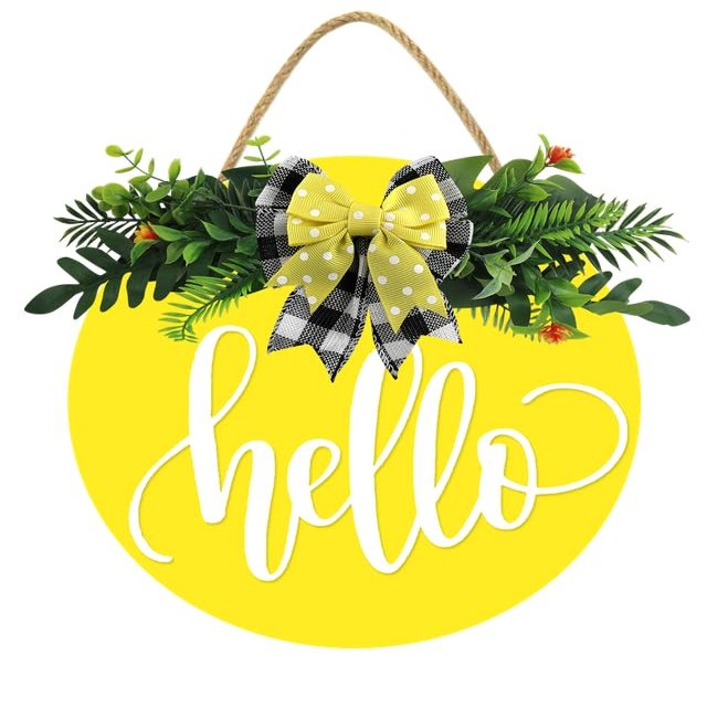 Welcome Sign Hello Front Door Round Wood Sign Hanging Welcome Sign for Farmhouse porch Spring Welcome Sign Front Door Decoration (Yellow board Hello)