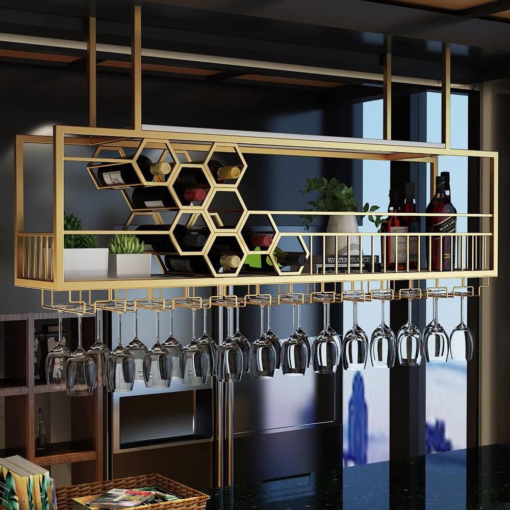 Ceiling Wine Rack - Hanging Floating Shelves, Gold Plant Stand Wine Bottle Rack, Bar Storage Shelves with Glass Holder, Display Rack for Home / Dining / Room / Kitchen, Easy to install ( Size : 90*30*