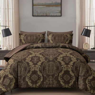 WONGS BEDDING Damask Comforter Set Queen Size, Coffee Gold Texture Design 7 Pcs Bed in a Bag Microfiber Comforter Bedding Sets -1 Comforter, 1 Flat Sheet, 1 Fitted Sheet, 2 Pillow Shams, 2 Pillowcases
