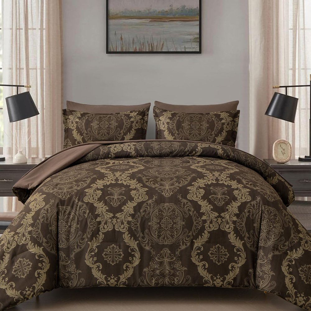 WONGS BEDDING Damask Comforter Set Queen Size, Coffee Gold Texture Design 7 Pcs Bed in a Bag Microfiber Comforter Bedding Sets -1 Comforter, 1 Flat Sheet, 1 Fitted Sheet, 2 Pillow Shams, 2 Pillowcases