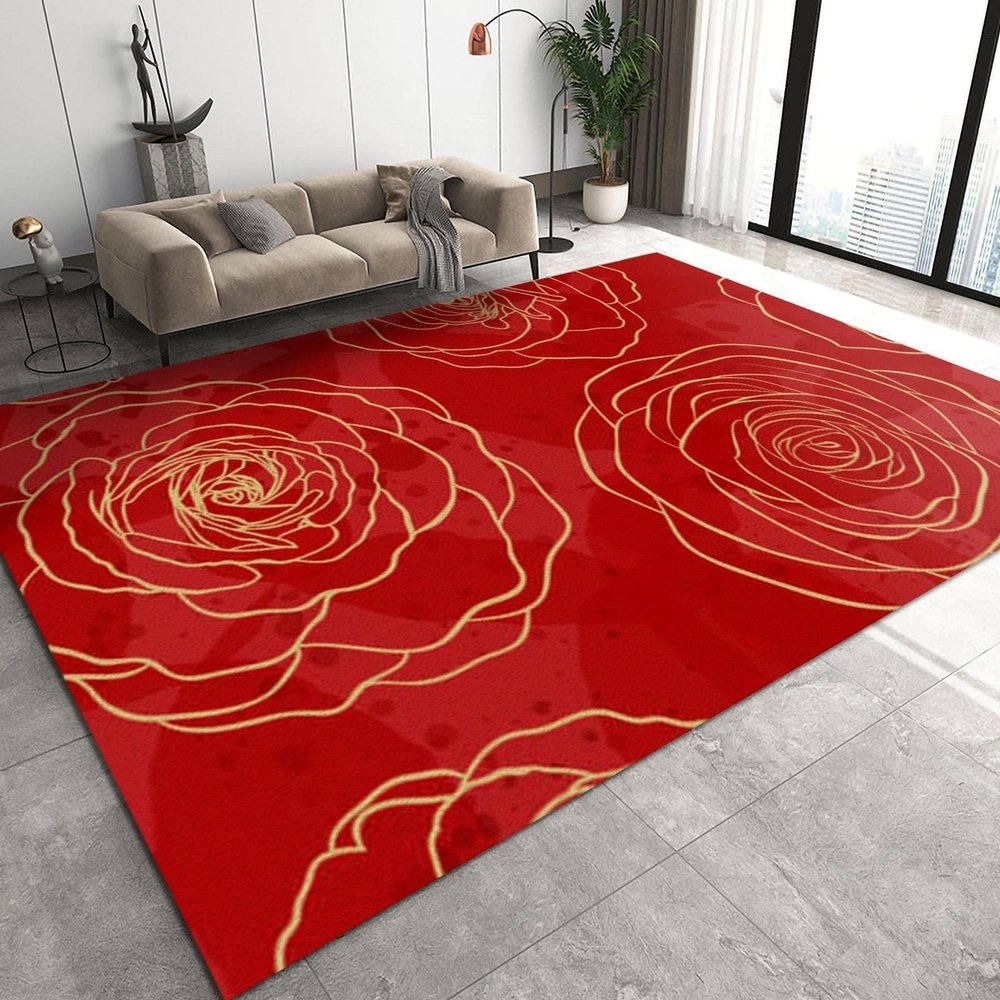 ERAYNA Golden Rose Floral Pattern Area Rugs, Golden Line Rose Flower Indoor Non-Slip Kids Rug, Upholstery Rug with Non-Slip Backing for Kids Boys Girls Bedroom Living Room Dining Room Study 3ftx5ft