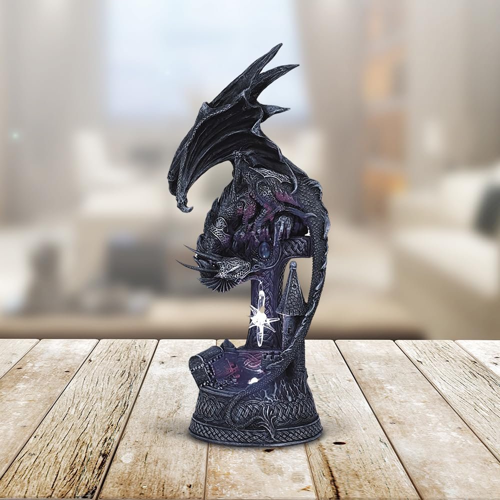 FC Design 12" H LED Black Dragon Leaning on Castle Figurine Statue Home/Room Decor Ideas for House Warming, Holidays and Birthdays Great Collectible Addition