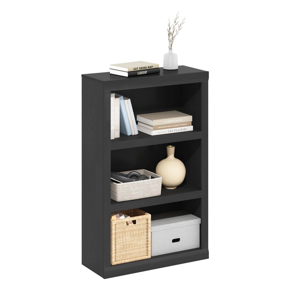 Furinno Rail Book Shelf, 3-Tier Bookshelf with Open Shelf, Bookcase with Classic Style Edges, 10 x 24.6 x 39, for Organization and Storage, for Living Room, Bedroom, Home Office, Blackwood