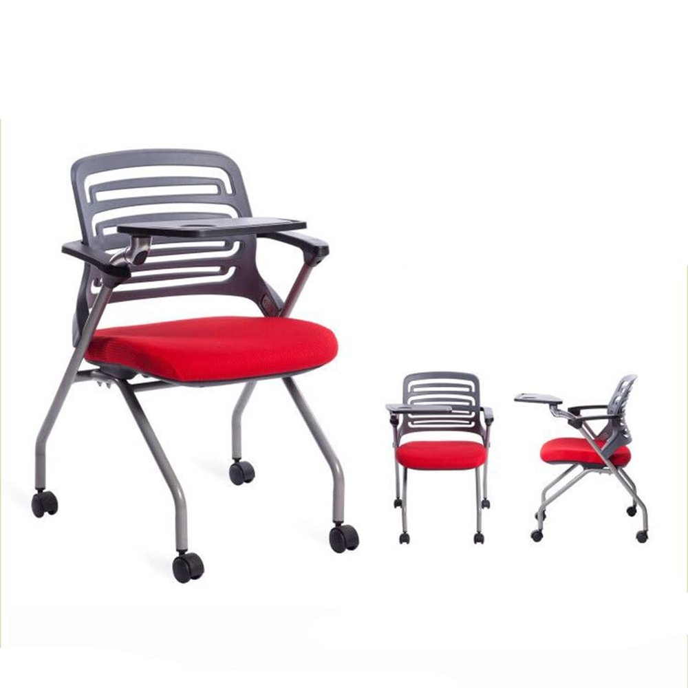 2 Pcs Folding Chair with Casters, Portable Conference Training Chair, Movable Simple Office Folding Chair, Right Hand Bracket Upholstered Seat (Red 2 pcs)