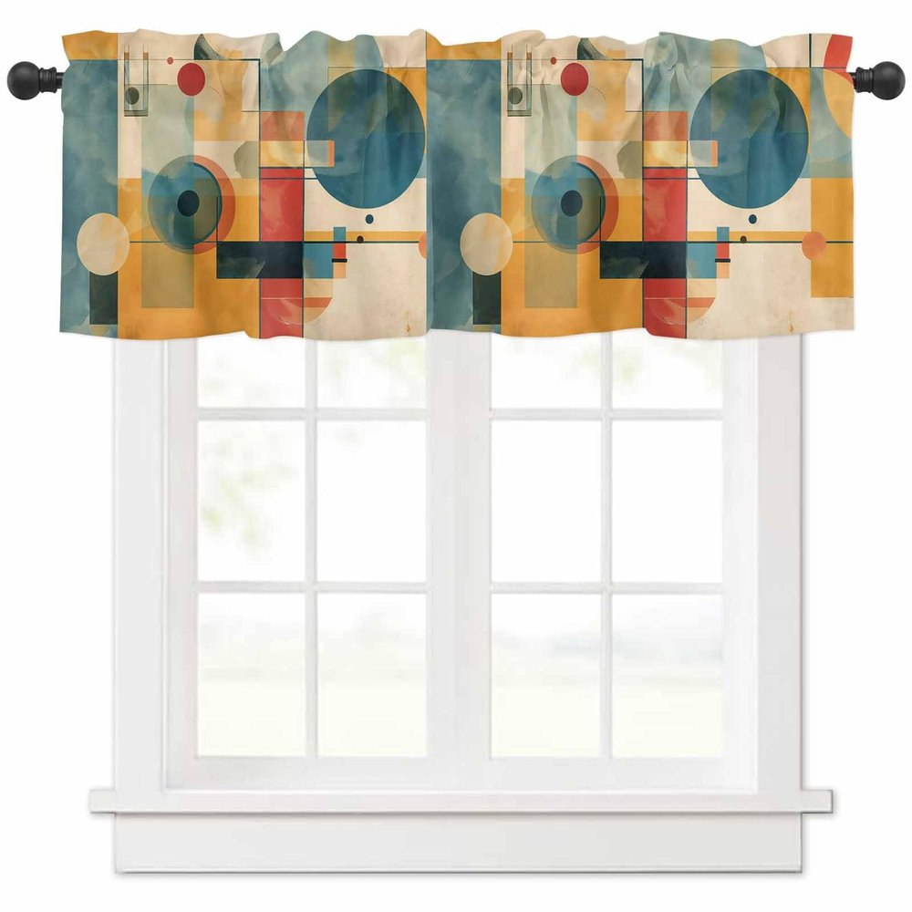 Anzona Curtain Valance 42" x 12", Blue Yellow Geometric Window Valances Rod Pocket Curtains Drapes, Vintage Oil Painting Abstract Art Short Topper Curtain for Kitchen Cafe Living Room, 1 Panel