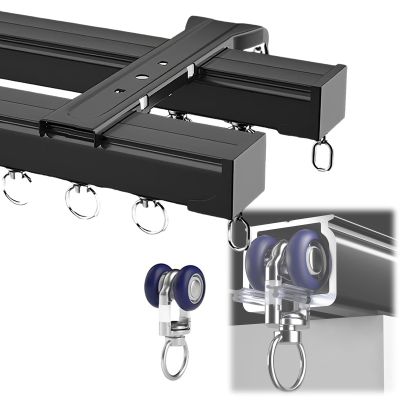Curtain Conjoined Double Track Aluminum Curtain Rod Ceiling Rails Set, Ceiling Or Wall Mount Curtain Track System Comes with Roller Hooks, Installation Hardware, and End Cap, Privacy Room Divider Rod