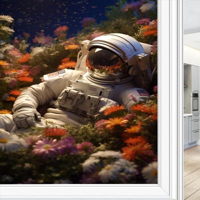 Dunmat Modern Astronaut Window Privacy Film Colourful Garden View Nature Stained Glass Window Film Sun Blocking Heat Control Decorative Window Covering Film for Home Office 23.6Wx35.4L inch