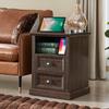 IFGET 21" Tall Nightstand with Charging Station, Farmhouse 18" Wide End Table with 2 Storage Drawers, Wood Rustic Side Table w/Open Shelf for Bedroom, Living Room, Closet, Brown view 1