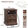 IFGET 21" Tall Nightstand with Charging Station, Farmhouse 18" Wide End Table with 2 Storage Drawers, Wood Rustic Side Table w/Open Shelf for Bedroom, Living Room, Closet, Brown view 2