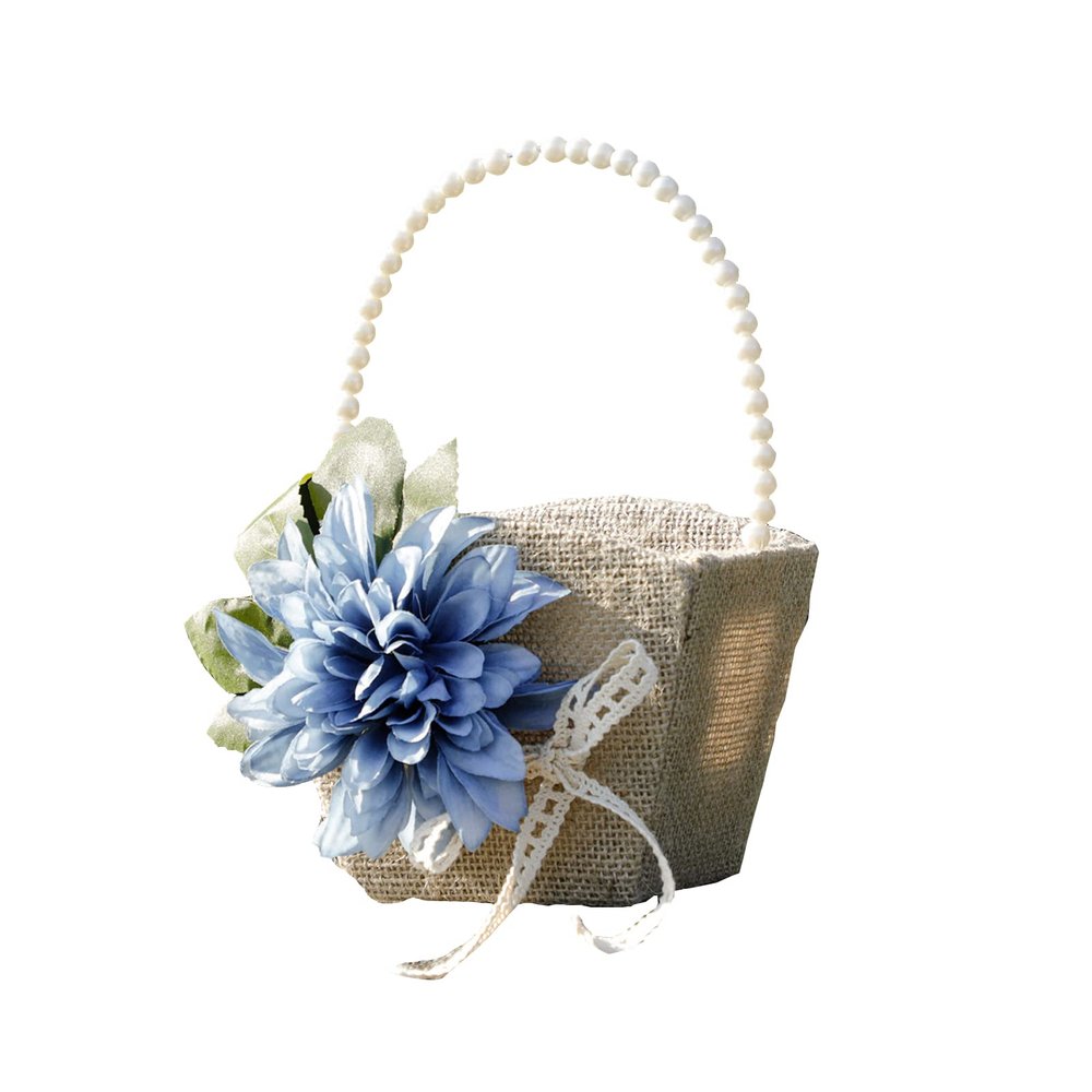 POTRUWE Wedding Basket, Flower Girl Baskets for Wedding, Rattan Storage Basket with Pearl Handle, Romantic Jute Lace Bow Wedding Supply Decoration (A)