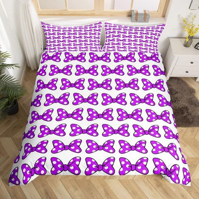 Purple Bowknot Kids Duvet Cover Set Twin Size,White Dots Bow Romantic Bedding Set,Children Girls Women Room Decor,Princess Castle Dreamy Comforter Cover,Cute Romantic Quilt Cover,1 Pillowcase