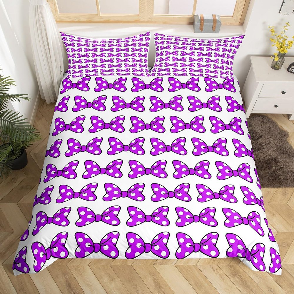 Purple Bowknot Kids Duvet Cover Set Twin Size,White Dots Bow Romantic Bedding Set,Children Girls Women Room Decor,Princess Castle Dreamy Comforter Cover,Cute Romantic Quilt Cover,1 Pillowcase
