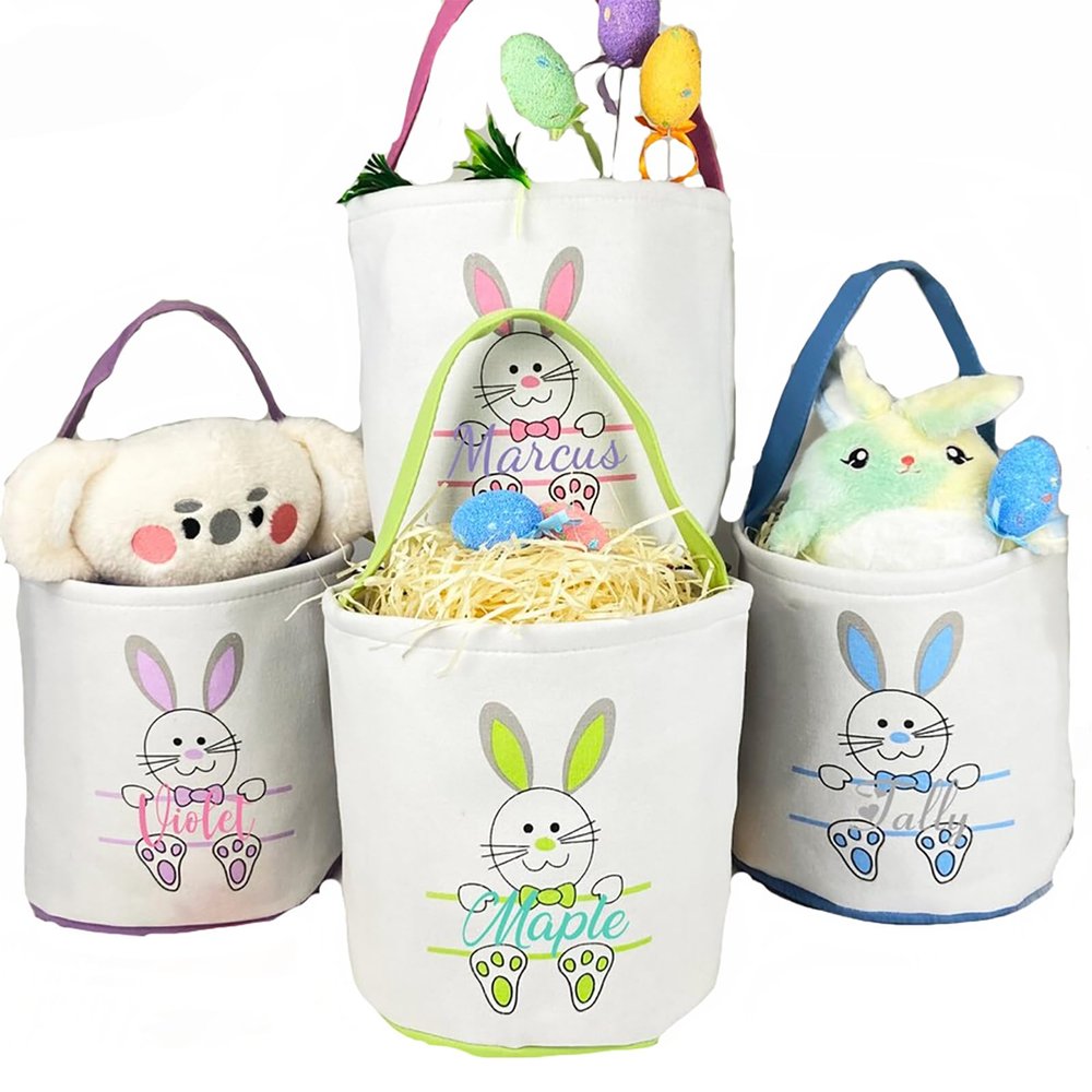 Custom Easter Basket with Name, Personalized Easter Bunny Basket Bag for Kids, Easter Egg Hunt Basket with Handle, Easter Gifts Basket for Children