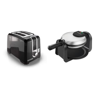 BLACK+DECKER 2-Slice Toaster, T2569B, Extra Wide Slots, 6 Shade Settings, 850 Watts, Crub Tray & Flip Waffle Maker, WM1404S, 7" Round Belgian Waffles, Ready Light Indicator