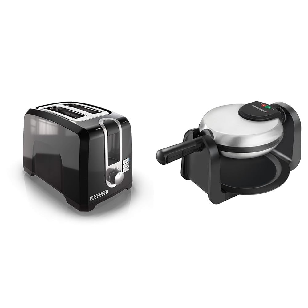 BLACK+DECKER 2-Slice Toaster, T2569B, Extra Wide Slots, 6 Shade Settings, 850 Watts, Crub Tray & Flip Waffle Maker, WM1404S, 7" Round Belgian Waffles, Ready Light Indicator