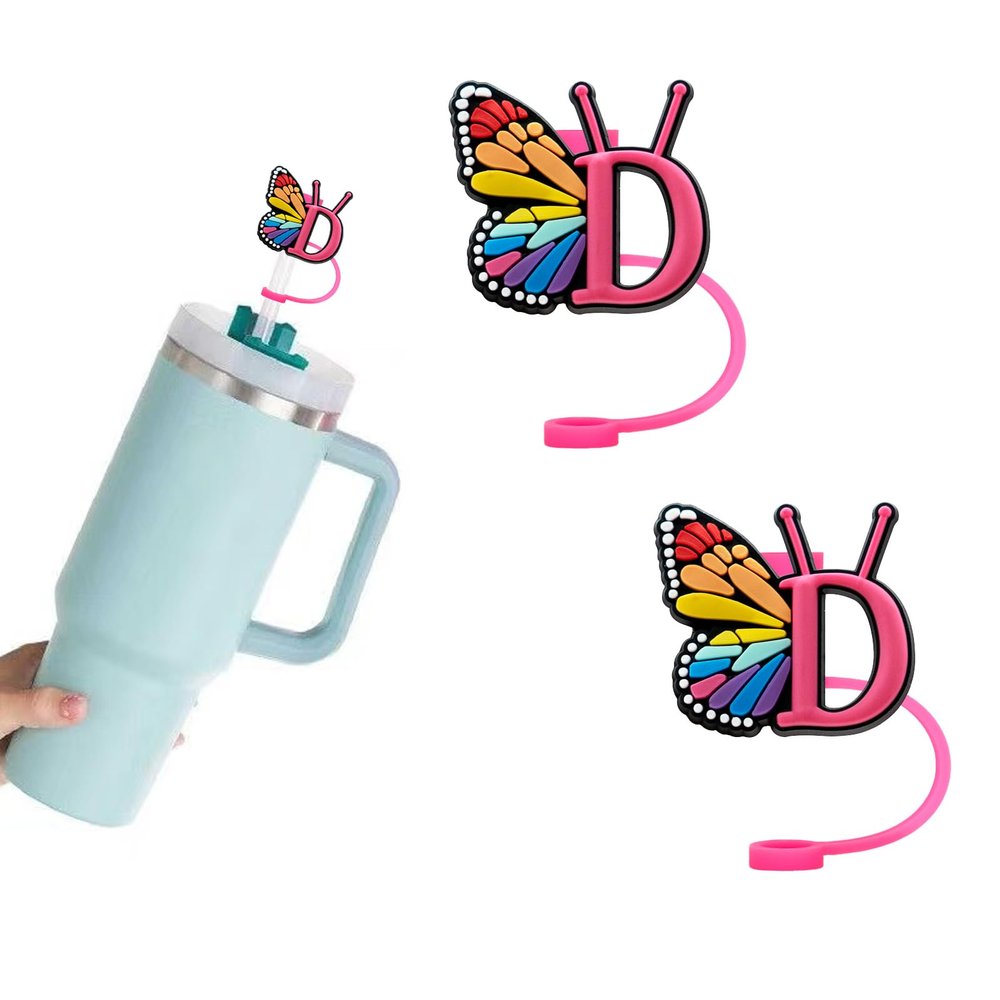 2PCS Straw Cover Cap for Stanley Cup, 10mm Beautiful Butterfly Straw Topper Compatible with Stanley Tumblers, Dustproof Reusable Silicone Initial Letter Straw Tips Accessories (D)