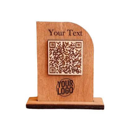 Personalized Wooden QR code Sign with your custom text and business logo (Chestnut, From 2 side)