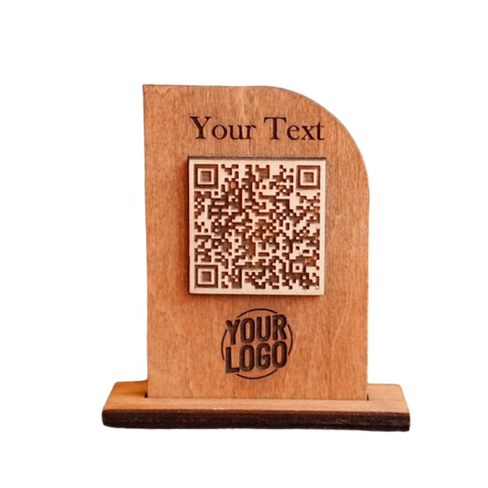 Personalized Wooden QR code Sign with your custom text and business logo (Chestnut, From 2 side)