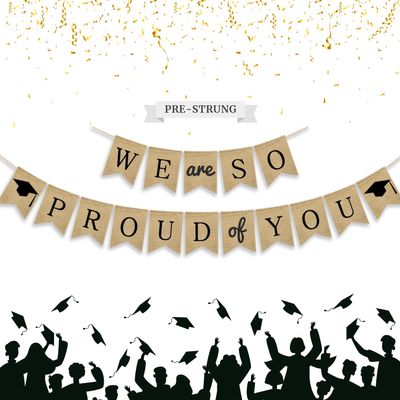 2026 We Are So Proud of You Burlap Graduation Party Banner Pre-strung Congrats Grad Bunting Banner Decorations Party Supplies for High School College Graduation Photo Props Fireplace Indoor Outdoor Party
