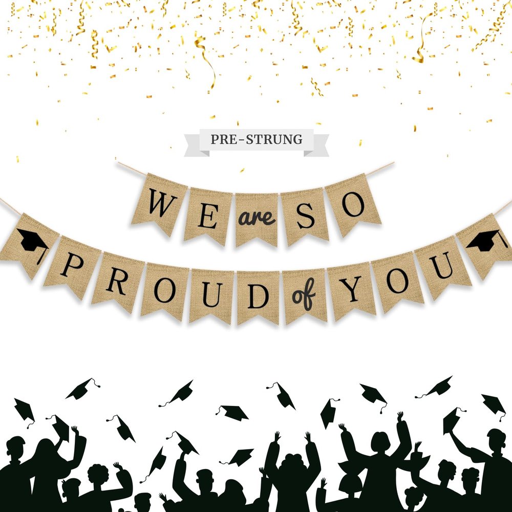 2026 We Are So Proud of You Burlap Graduation Party Banner Pre-strung Congrats Grad Bunting Banner Decorations Party Supplies for High School College Graduation Photo Props Fireplace Indoor Outdoor Party