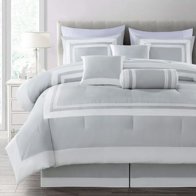Chezmoi Collection Caprice 7-Piece Hotel Style Comforter Set - Silver/White Square Pattern Modern Color Block Bedding w/Decorative Pillows - Luxurious Lightweight All Season Bed Set, California King