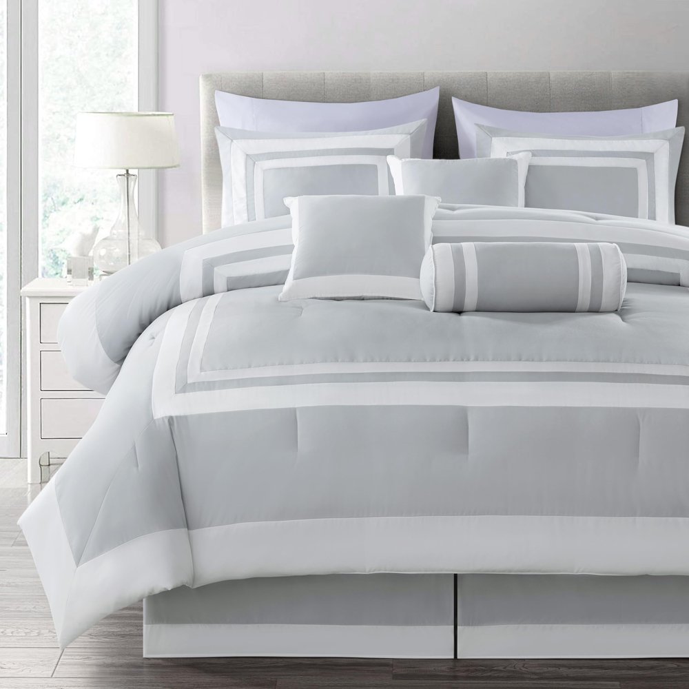 Chezmoi Collection Caprice 7-Piece Hotel Style Comforter Set - Silver/White Square Pattern Modern Color Block Bedding w/Decorative Pillows - Luxurious Lightweight All Season Bed Set, California King
