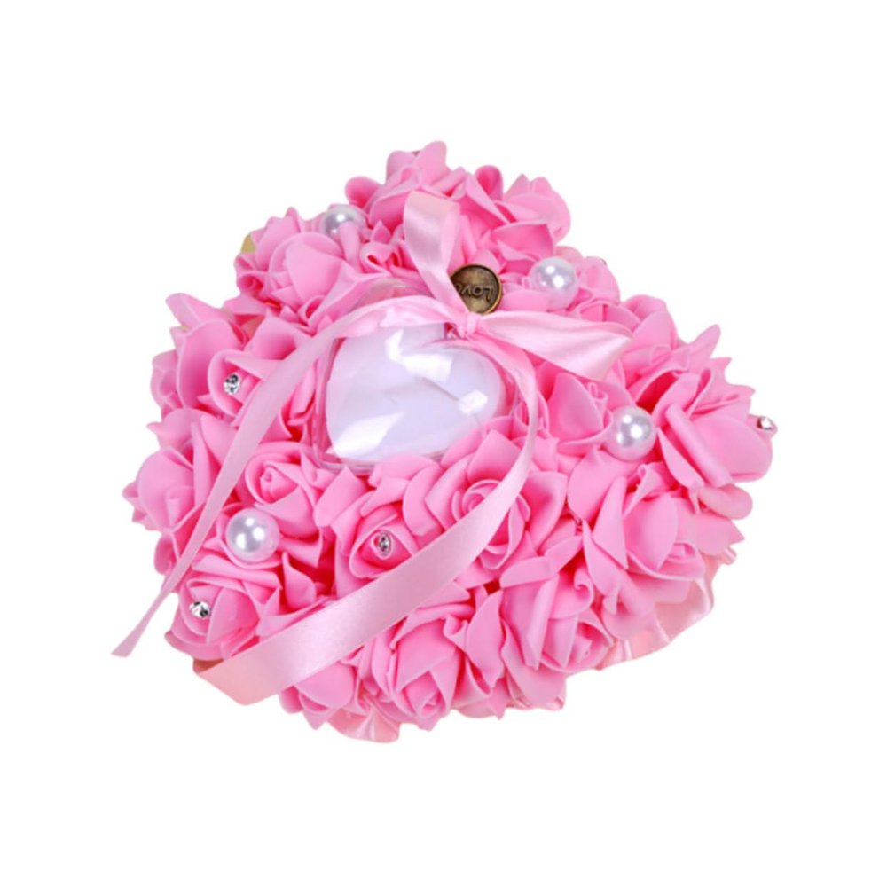 PRETYZOOM 1pc Elegant Heart Shape Flower Bud Ring Cushion Pearl Decor for Wedding Ceremony Party Supplies for Bride Engagement and Special Events Pink