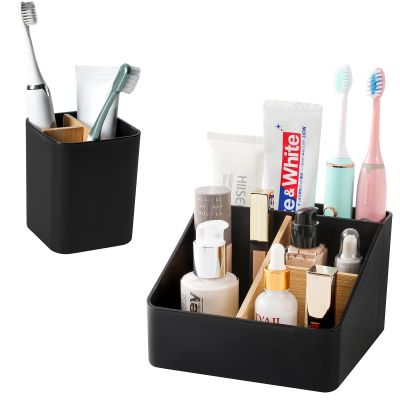 Toothbrush Holders for Bathrooms, Bamboo Tooth Brush Holder Bathroom Vanity Organizer Countertop for Electric Toothbrushes, Toothpaste, Razors - Black