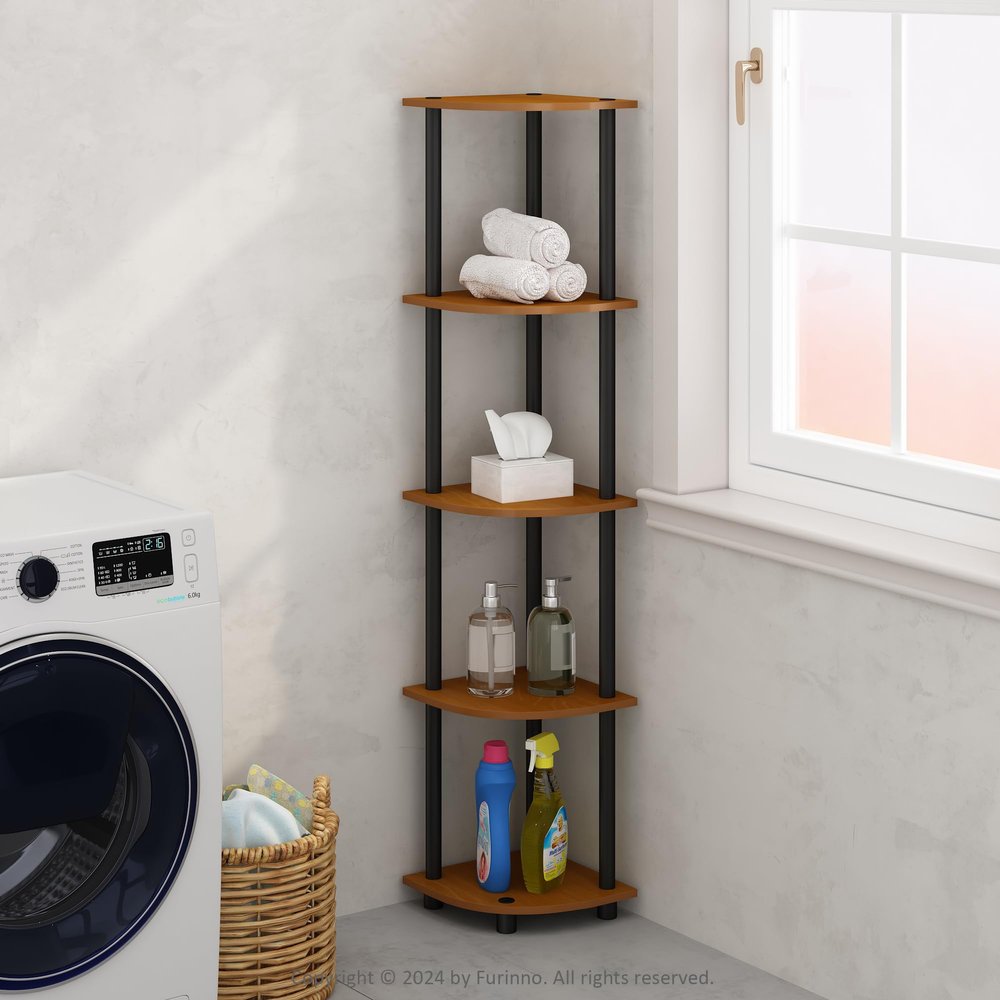 Furinno Turn-N-Tube Storage Shelves, 5-Tier Book Shelf, Corner Shelf, Toolless Open Shelves, for Organization and Storage, Living Room, Home Office, Hallway, Bedroom, Light Cherry