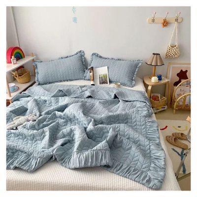 ADovz Korean Ruffles Quilted Summer Blanket Princess Pleated Solid Queen Quilts Soft Skin-Friendly Thin Comforter Set or Single Quilt,Bed Sheets