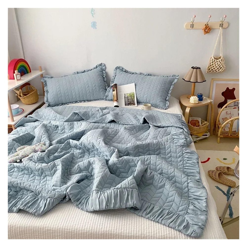 ADovz Korean Ruffles Quilted Summer Blanket Princess Pleated Solid Queen Quilts Soft Skin-Friendly Thin Comforter Set or Single Quilt,Bed Sheets