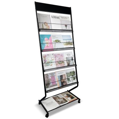 Tongmo Floor-Standing Magazine Rack 4-Layer with Wheels, Brochure Display Stand, High-hardness metal for Office,Exhibitions, and Any Organization Requiring Information Display (black)