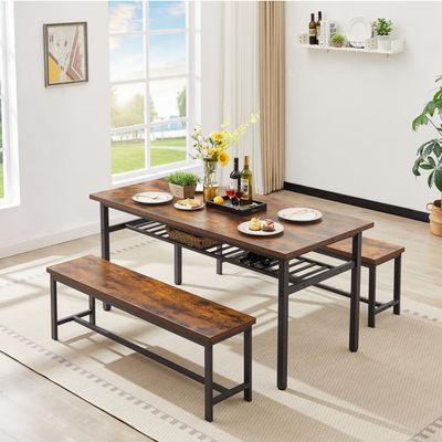 3-Piece Compact Strip Dining Table Set for 4 - Dual-Tiered Bistro Table & PU Leather Stools with Backrest, Ideal for Small Spaces (Brown (Dining Table + 2 bar stools))
