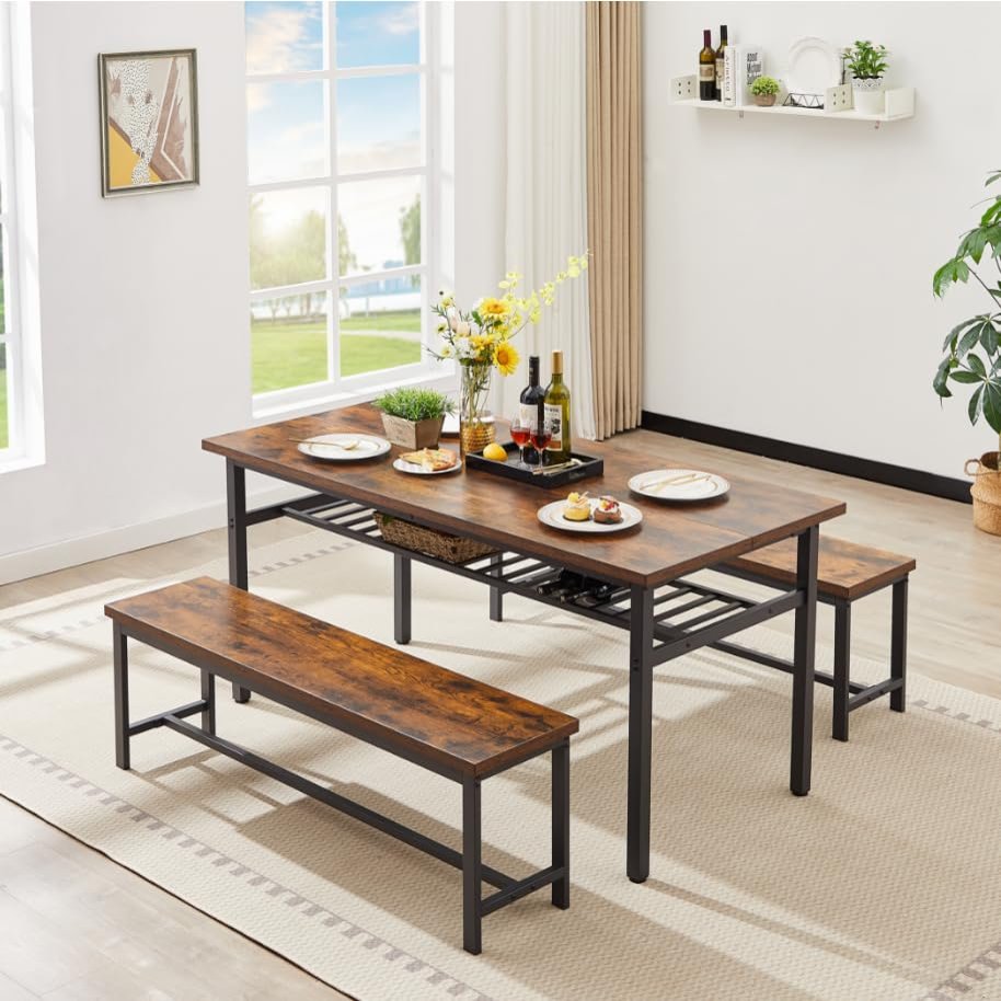 3-Piece Compact Strip Dining Table Set for 4 - Dual-Tiered Bistro Table & PU Leather Stools with Backrest, Ideal for Small Spaces (Brown (Dining Table + 2 bar stools))