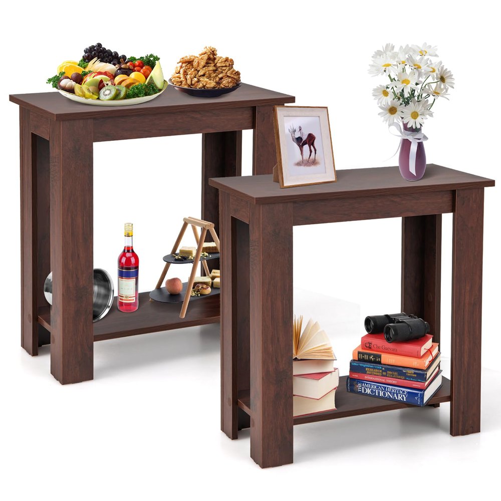 GOFLAME 24 Side Table Set of 2, 2-Tier Rectangular End Table with Storage Shelf, Multipurpose Night Stand for Bedroom, Living Room, Brown