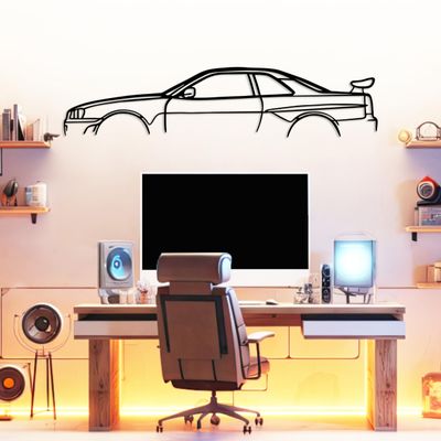 DecoSoul R34 Model Car Silhouette Metal Wall Art, Sports Car, Automotive Silhouette Line Decoration, Minimalist Sculpture for Garage, Man Cave, Indoor Outdoor Wall Hanging, (Black-45 x 10 inch)