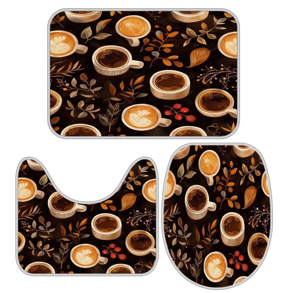 Coffee Leave Bathroom Rug Sets 3 Piece Toilet Rug Non-Slip Carpet Bath Rug 23x15in