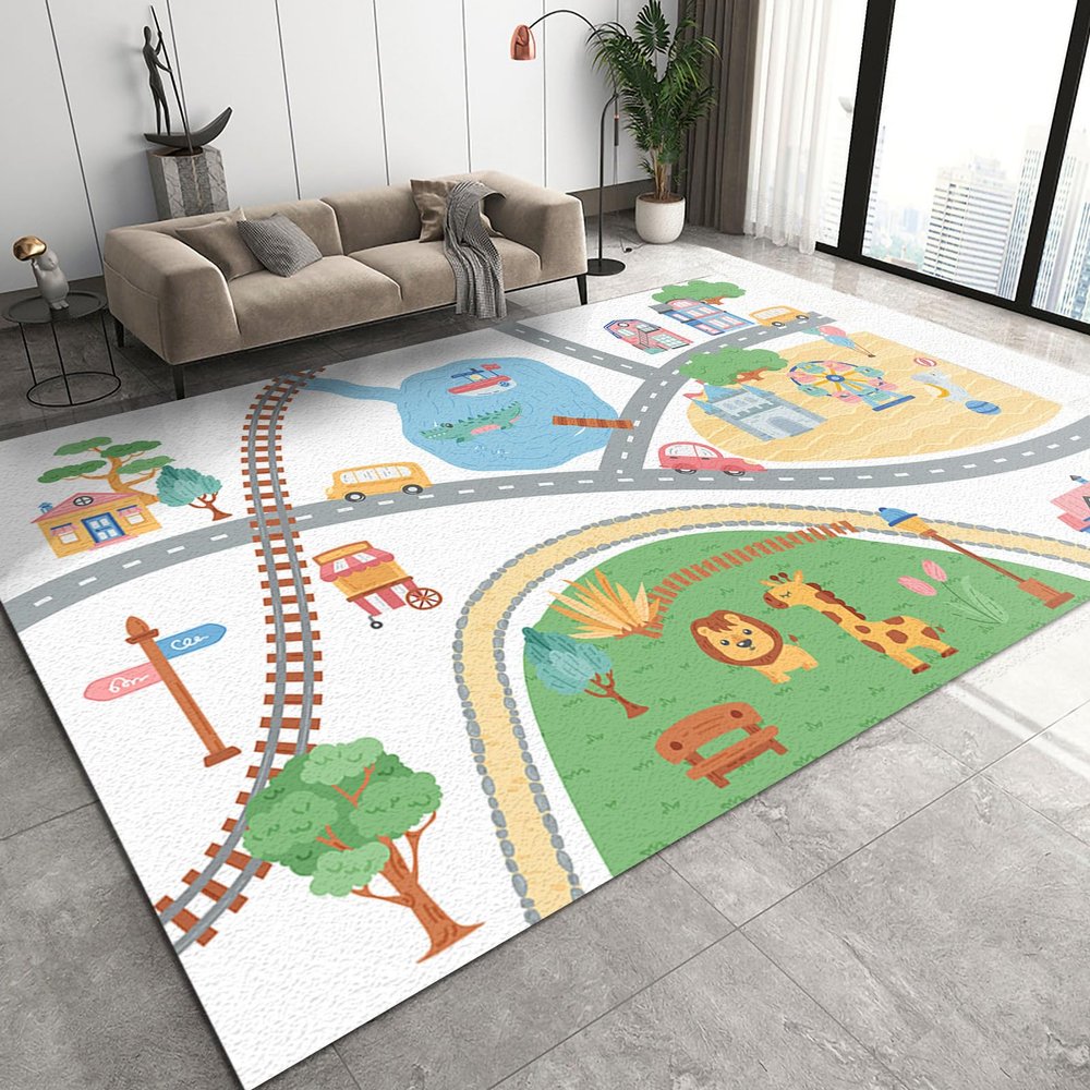 BOWESI Area Rugs 4x5ft, Cartoon Town Highway Kids Play Rug, Cute Children Animals Throw Rugs Bedroom Soft for Coffee Shop Living Room Under Table Game Room