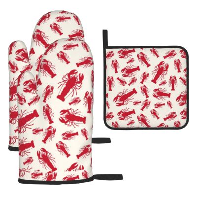 Jbyjbx Red Lobster Print Heat Resistant Kitchen Holiday Cooking Oven Mitts and Pot Holders Sets 5.7" X 11"