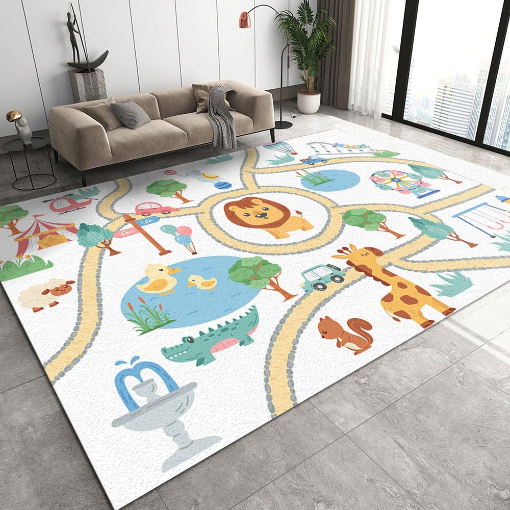 Area Rugs 5x8ft, Early Childhood Education Cartoon Animals Living Room Carpet, Zoo Winding Road Decorative Carpet Protect Floor for Bedroom Men Office Hardwood Floors