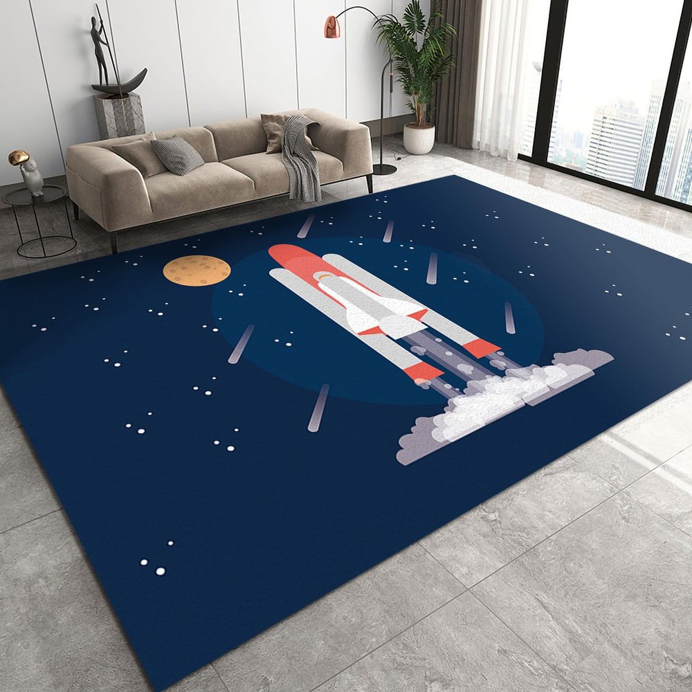 Area Rugs 5x8ft, Black Cartoon Spaceship Launcher Living Room Carpet, Children's Meteor Moon Rocket Decorative Carpet Protect Floor for Bedroom Men Office Hardwood Floors