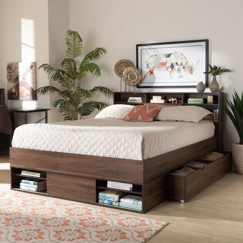 HomeStock Queen Size Storage Platform Bed - Wood Bed Frame with Drawer & Shelves - Modern Bedroom Furniture