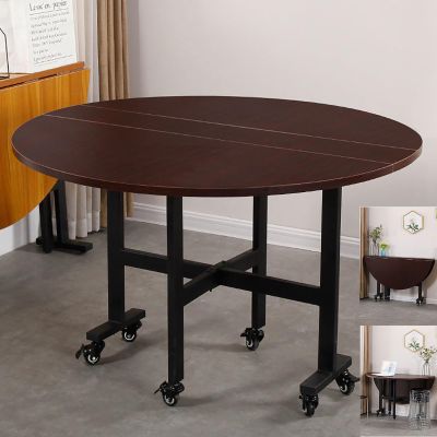 Folding Tables,Round Drop-Leaf Folding Dining Table,Folding Dining Tables for Small Spaces,W/Thick Table Top and Sturdy Metal Frame,6 Wheels for 4-6 (Color: D,Size: L-100CM/39.3IN)