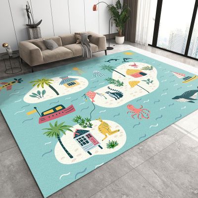 Area Rugs 6x8ft, Children Educational Cyan Living Room Area Rug, Cartoon Little Island Animals Play Rug with Carpet Tape Double Sided for Bedroom Office Home Decor