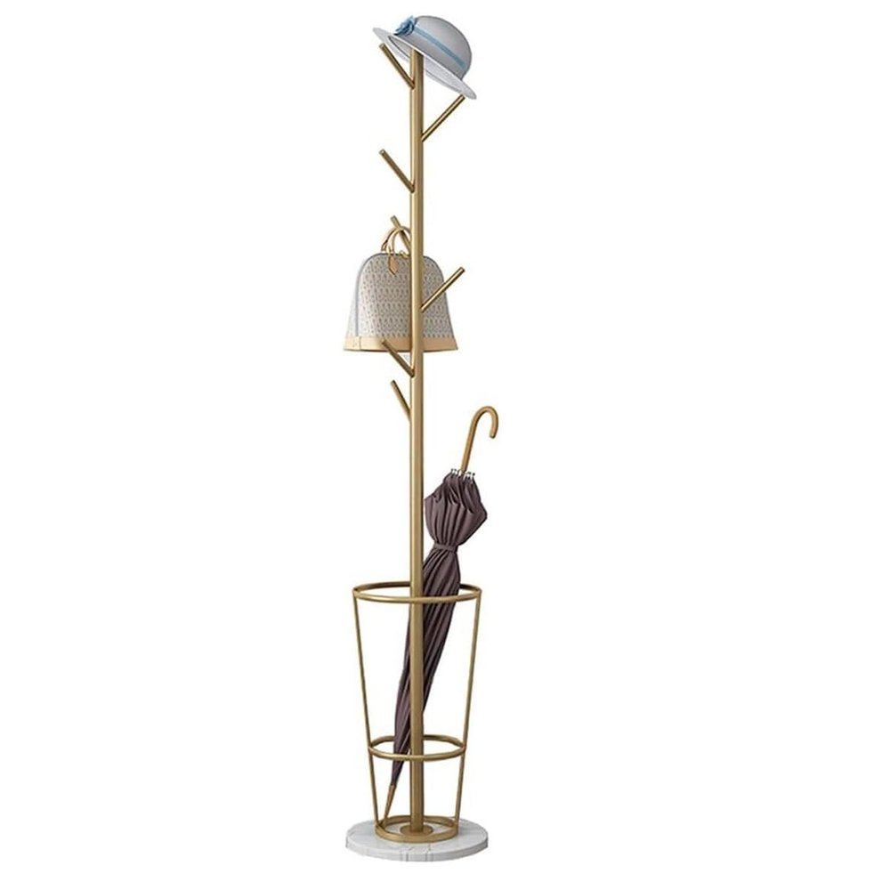 RIEONA Coat Rack with Umbrella Holder, Floor Standing Metal Tree Stand, Metal Self-Standing Coat Rack and Umbrella Stand for Living Room Bedroom Office (Color : Gold+white)