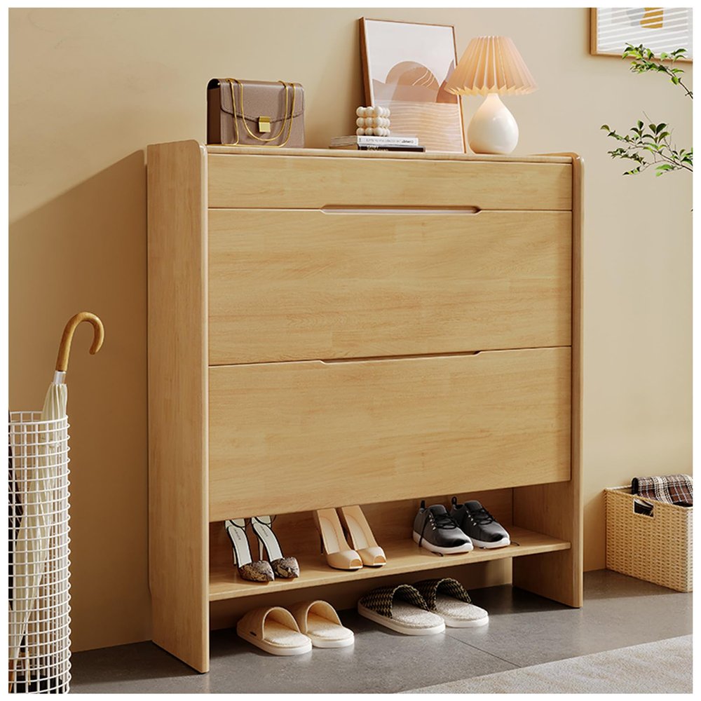 ARMERI Shoe Cabinet Rubber Wood, with Drawers, 2-Tier Shoe Storage Cabinet with Flip Doors, 20 Pair Shoe Rack Organizer, Entryway Shoe Storage Cabinet for Heels, Boots, Slippers,Raw Wood